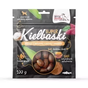 Super kiełbaski dla psa z pstrągiem, batatem, cukinią i kokosem Syta Micha