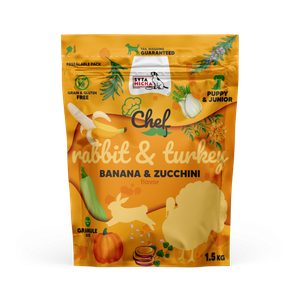 Sucha karma dla szczeniąt Syta Micha - Królik i indyk, banan i cukinia 1,5kg